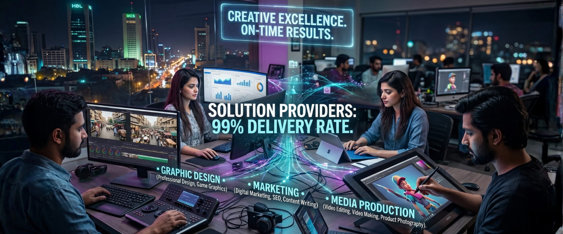 Home Creative team providing graphic designing, video editing, and digital marketing services in a high-tech studio environment.