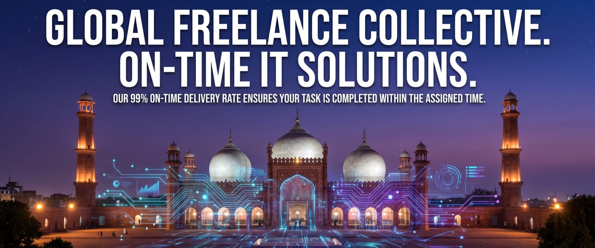 Home Historic Pakistani landmark blended with digital network streams representing our global freelance IT collective.