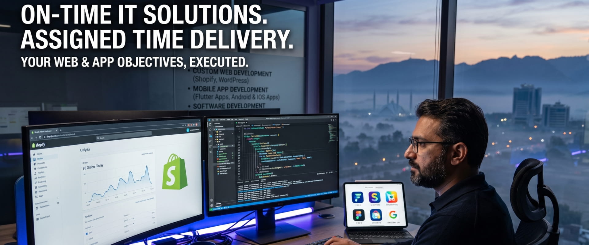 Home Professional web developer working on Shopify store development and custom software development on multiple monitors.