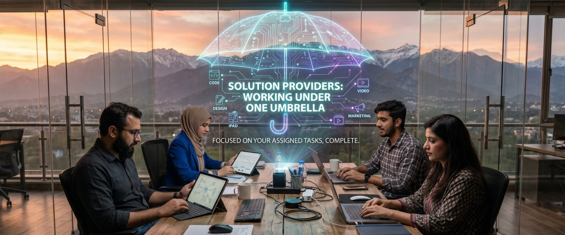Home Diverse team of IT professionals working under one umbrella to deliver comprehensive IT solutions and software development.