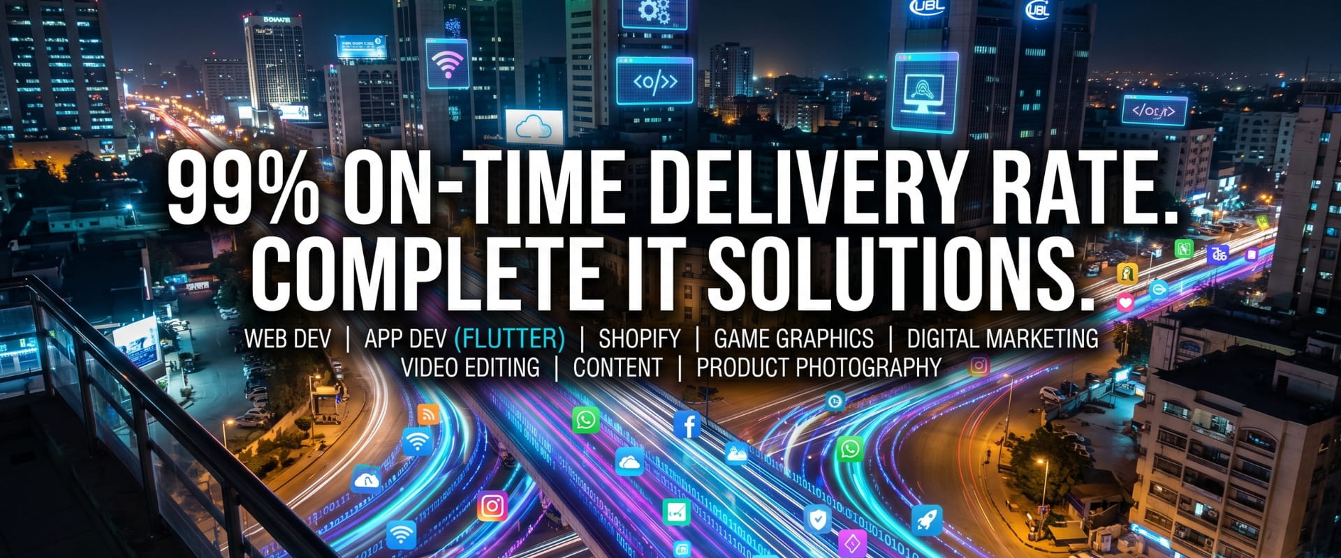 Home Dynamic urban traffic with glowing tech icons highlighting our 99 percent on-time delivery for Flutter apps and mobile development.