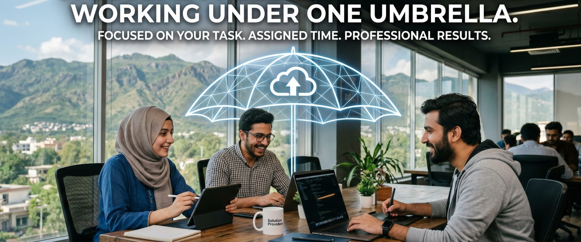 Home IT professionals collaborating on website design, web development, and content writing projects under a virtual umbrella graphic.